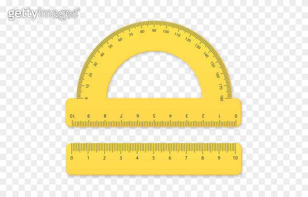 Set of realistic vector protractors. Yellow protractor. Various types ...