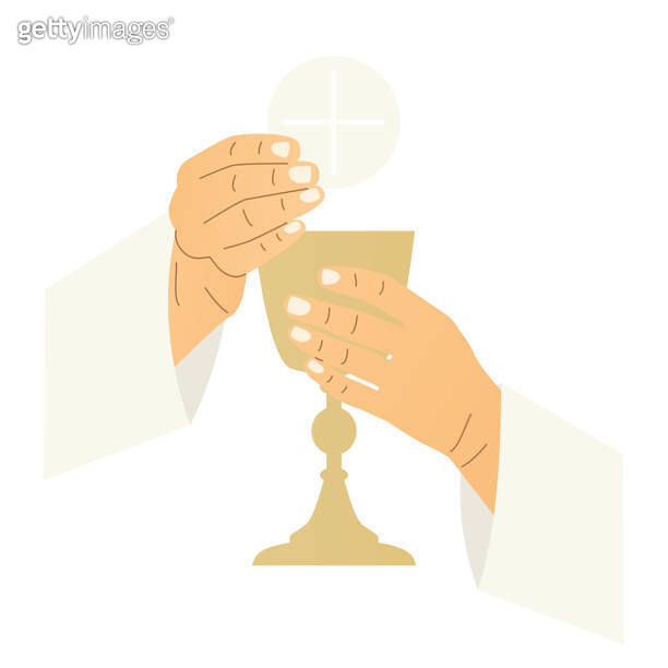 hands of priest holding holy eucharistic host and chalice, communion ...