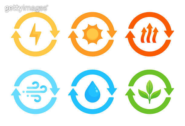 Set of renewable energy resources icons in flat vector illustration ...