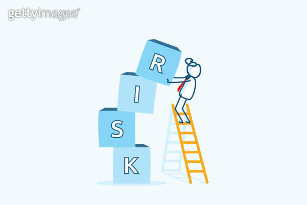 businessman stick figure character on ladder placing cube risk cubes ...