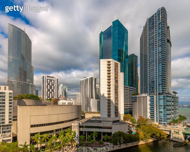 Skyline of office and apartment buildings in downtown Miami, with Miami ...