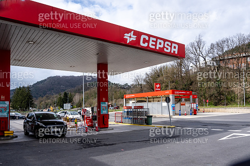 Cepsa logo on the Cepsa petrol station. Cepsa is a Spanish ...