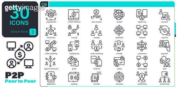 Peer to Peer set. 30 editable stroke vector graphic elements, stock ...