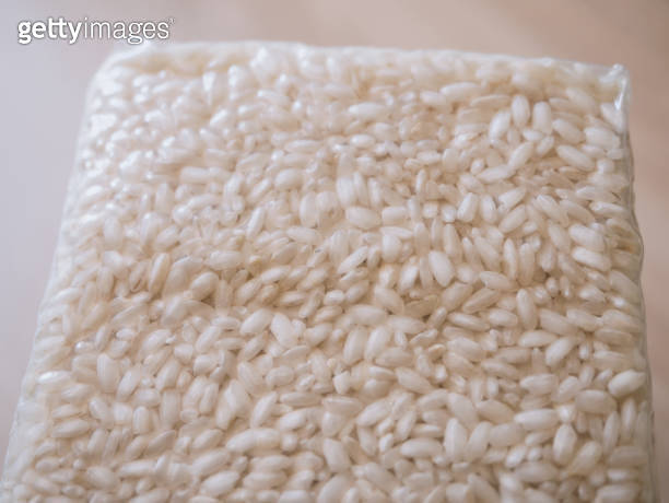 Rectangular Rice Packaging of rice for making risotto. Vacuum packed to preserve the ...