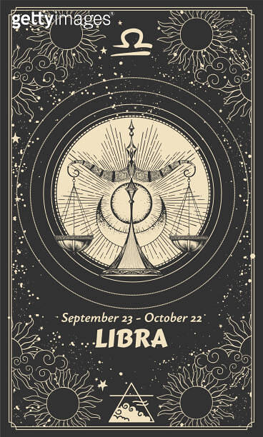 Zodiac sign Libra, astrological card on celestial black background with ...