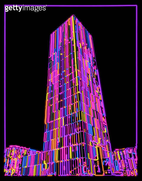 Vector LED light gradient colors psychedelic neon effect city building ...