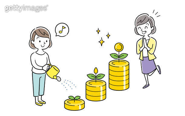 Vector illustration material: A woman watering money and points and a ...