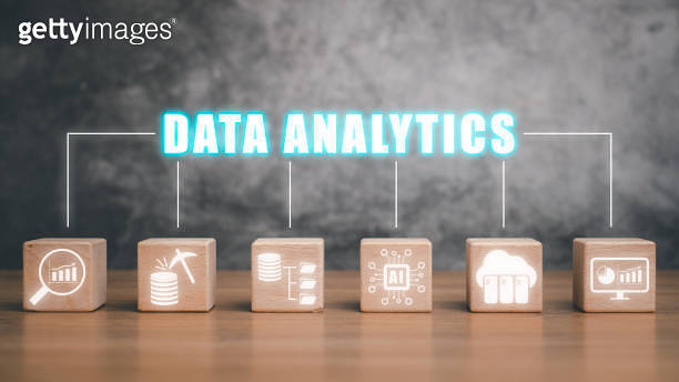 Data analytics concept, Wooden block on desk with data analytics icon ...