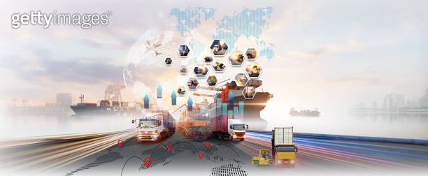 Container truck in ship port for business Logistics and transportation ...