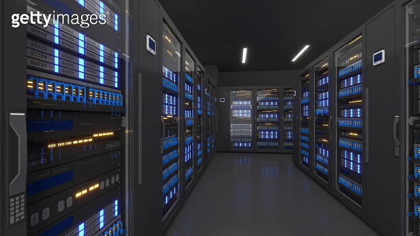 Shot of Data Center With Multiple Rows of Fully Operational Server ...