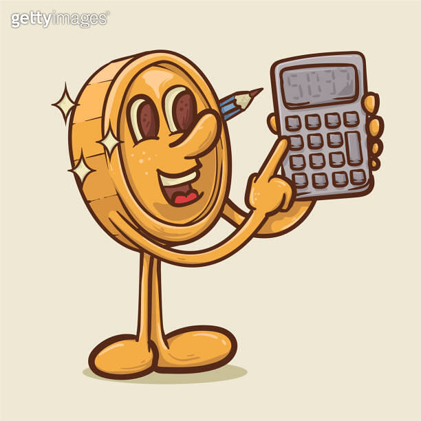 money calculation concept. shine coin mascot with face holding ...