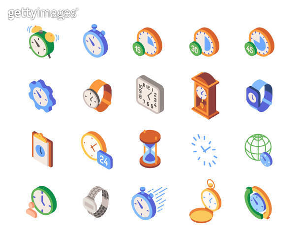 Collection of various types of clocks icons in isometric style, on a ...