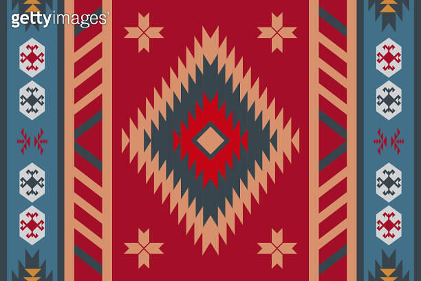 Ethnic fabric pattern, red, blue, yellow, geometric shapes for textiles ...
