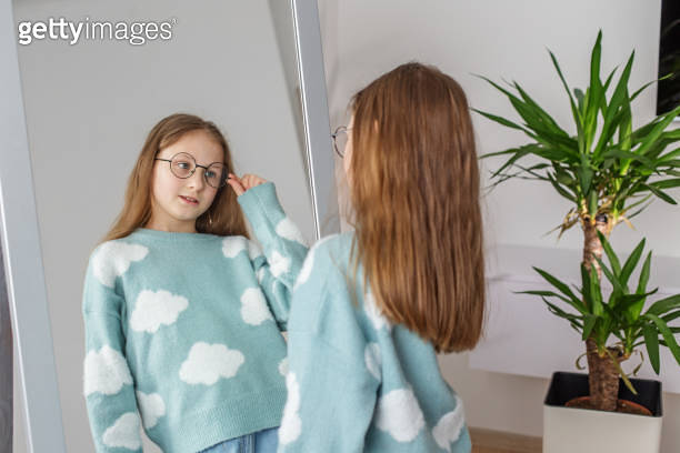Morning Routine Glasses Smiling Child Trying on Round Glasses at Home. Morning routine. Morning ...