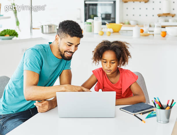 laptop computer education father children daughter girl family ...