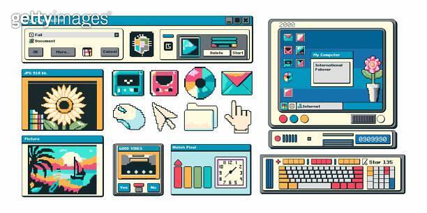 Trending elements of the computer interface in the pixel art style of ...