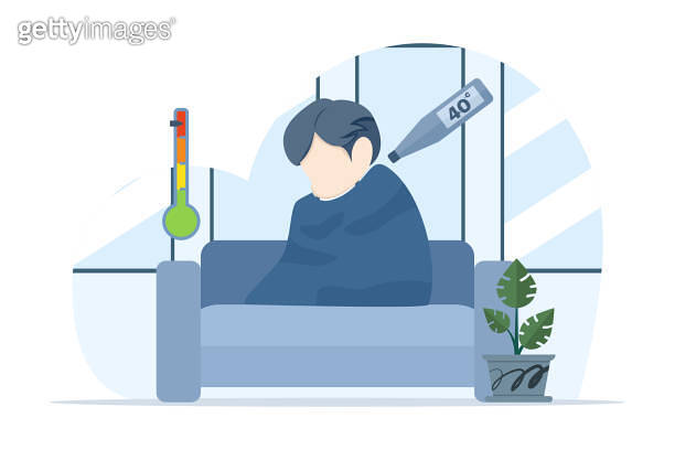Fever man concept. cold man, cold sufferer, sitting on sofa with sore ...