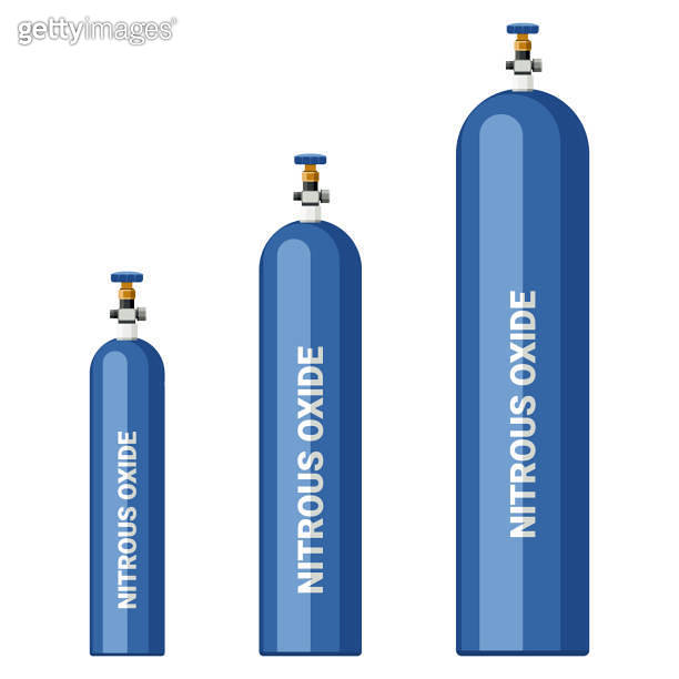 Medical nitrous oxide gas, stored in white bins of various sizes at