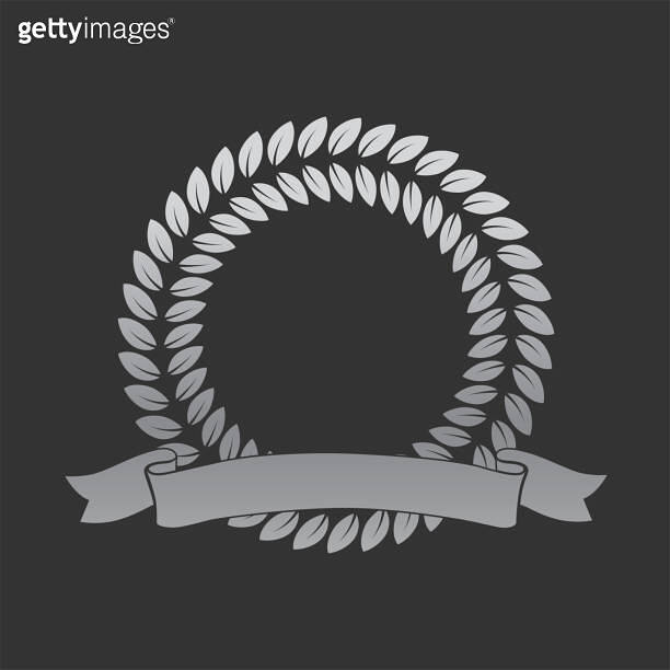 Realistic silver laurel wreath with ribbon. Premium insignia ...