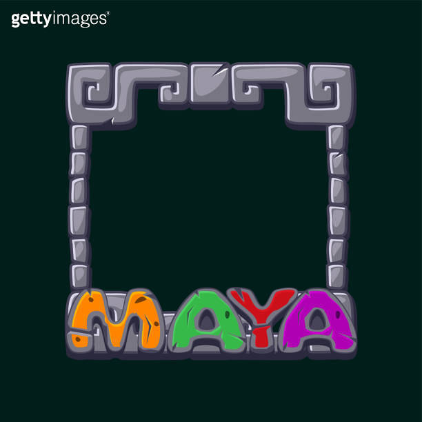 Maya Stone frame with stone text MAYA, Aztec carton game frame. Maya ...