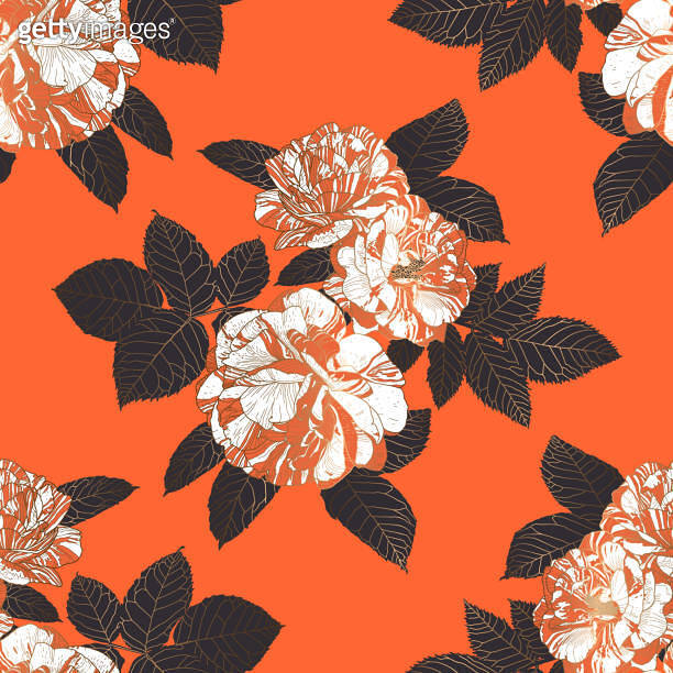 Seamless Luxury Half Drop Pattern of White and Orange Roses with Gold ...