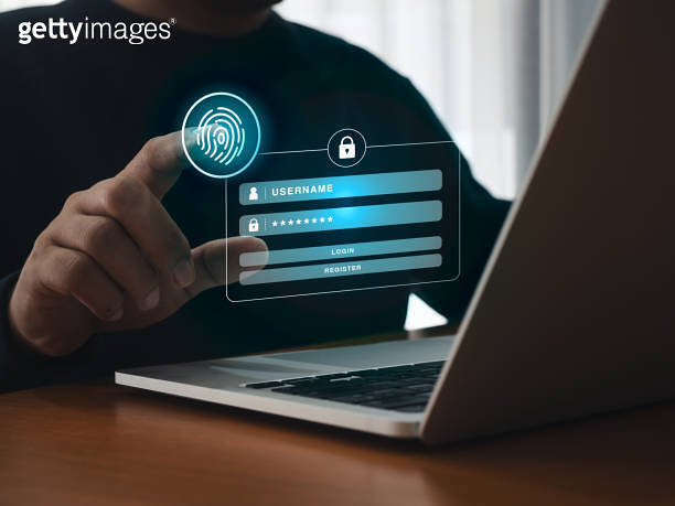 Id Technology Computer Digital fingerprint scan icon scanning by businessman hand on login on ...