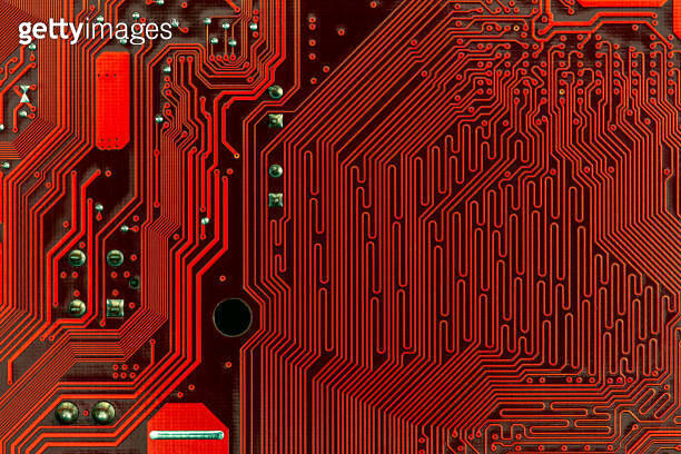 Computer Red Notes electrical connections of red computer mother board. details closeup ...