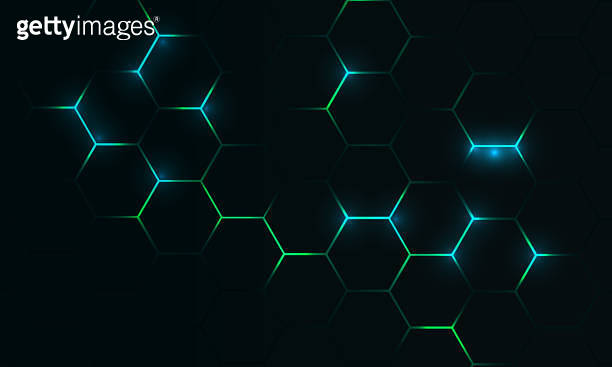 Dark hexagon abstract technology background with blue and green colored ...