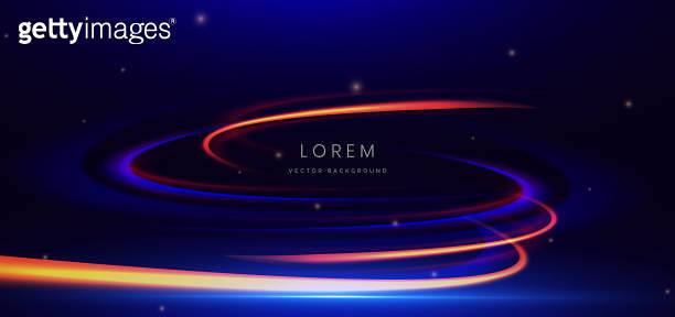 Abstract futuristic curved glowing neon blue and orange light ray on ...