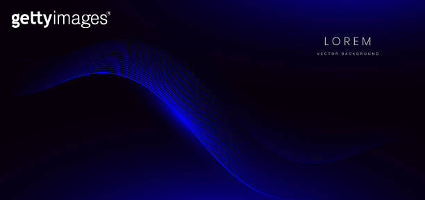 Abstract futuristic curved glowing blue light lines on black background ...