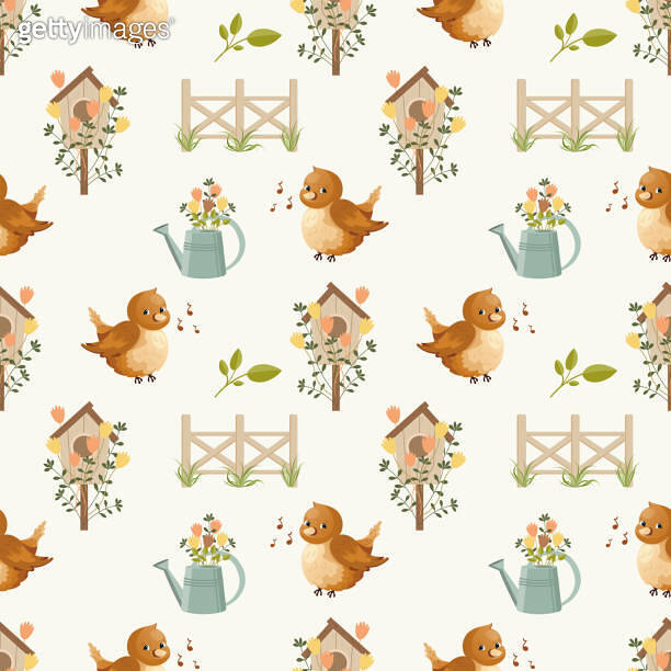 Seamless spring pattern, cute birds, birdhouses, watering cans with ...