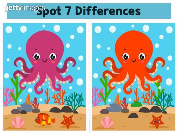 Colorful underwater octopus spot the differences game for preschoolers ...