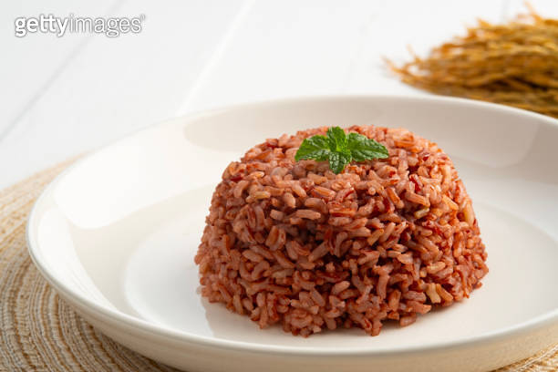 Cooked Thai Organic Red Jasmine Rice in white plate.semi-milled rice ...