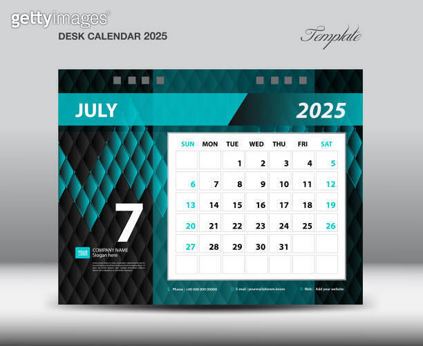 Desk Calendar 2025 template vector, July 2025 year, Week starts Sunday ...