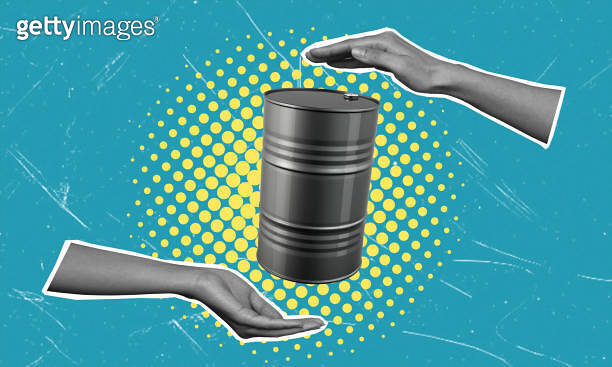 Modern art collage featuring an oil drum on a blue background. 이미지