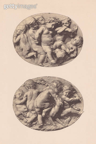 Children playing, sculpted by Ignaz Elhafen, halftone print, published