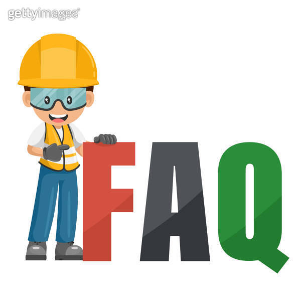 Industrial construction worker with giant FAQ letters, Frequently asked