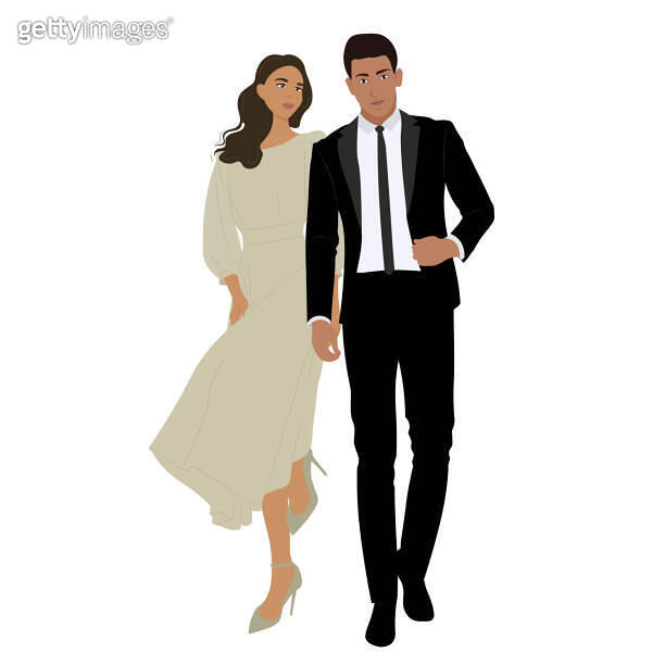 Couple in evening formal wear, man and woman together isolated on white ...