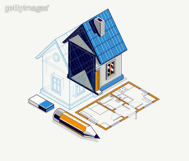 House project implementation embodiment concept, 3D isometric vector ...