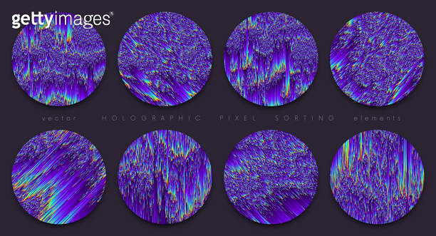 Set of circle banners in pixel sorting style with holographic ... image.