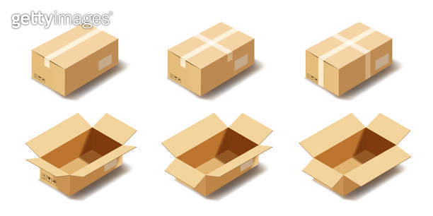 Realistic open and closed cardboard boxes mockup isometric set 이미지 ...