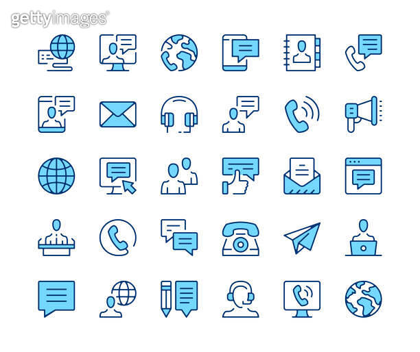 Communication icons set. Vector line icons. Blue color outline stroke ...