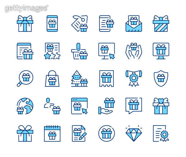 Gift icons set. Vector line icons. Blue color outline stroke symbols ...