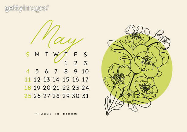 Horizontal calendar page for may 2025 with spring hawthorn flower ...