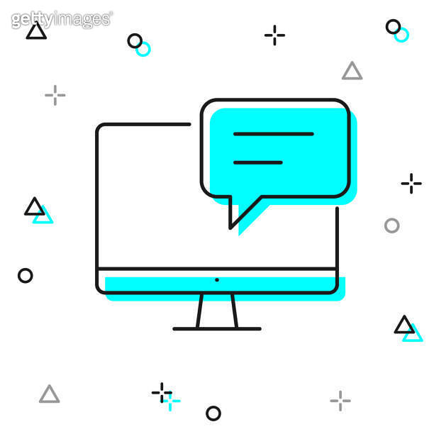 Desktop computer with speech bubble. Line icon on white background 이미지 ...
