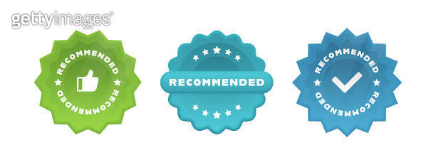 Recommended badge set. 3d label design with check mark and thumbs up ...