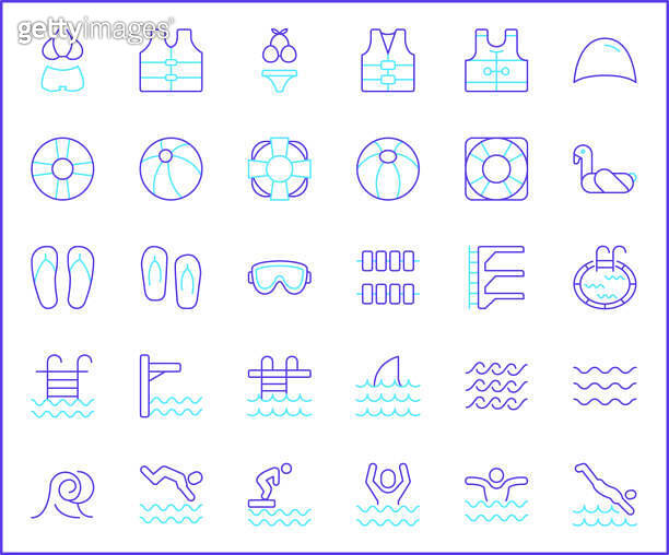 Pool Rescue Icons Set of swimming and pool Icons line style. 이미지 (2159272384) - 게티이미지뱅크