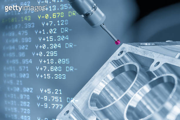 Abstract scene the multi axis CMM machine measuring the aluminum ...