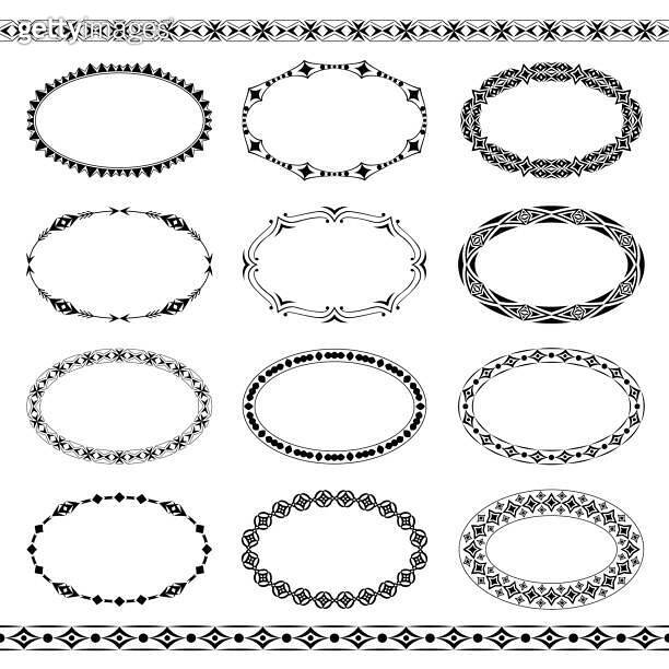 Collection of vector oval frames with simple geometric pattern. Brushes ...