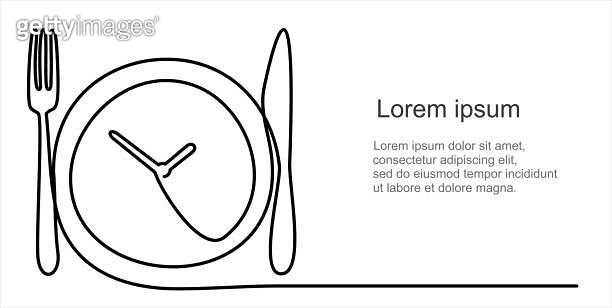 Dinner time, clock. One Line Drawing of Plate, fork, knife . Food ...